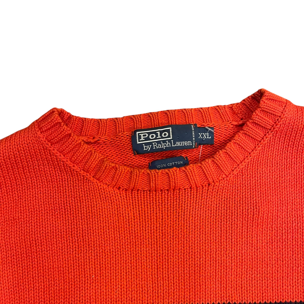 Pull vintage tricoté orange et bleu marine