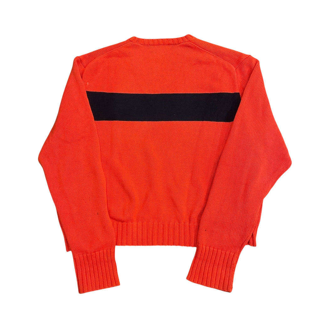 Pull vintage tricoté orange et bleu marine