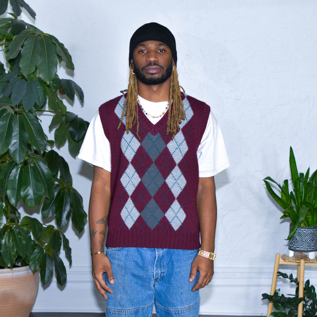 Gilet sans manches col V en maille losanges style vintage