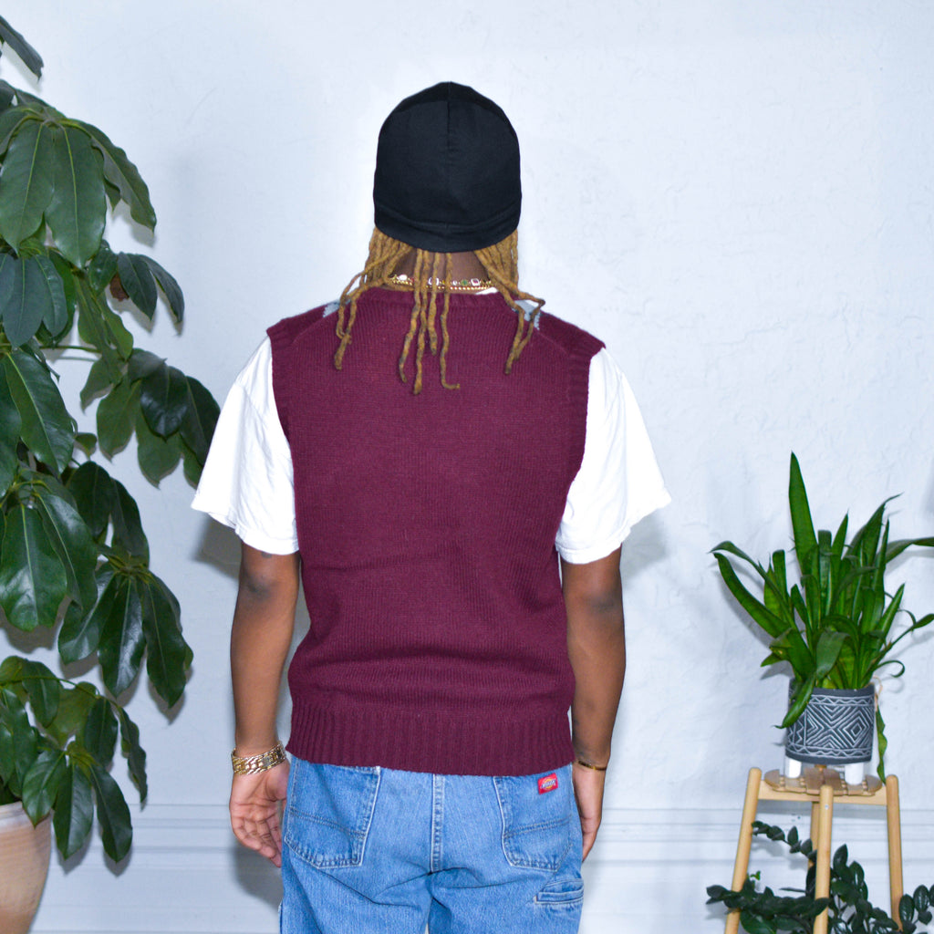 Gilet sans manches col V en maille losanges style vintage