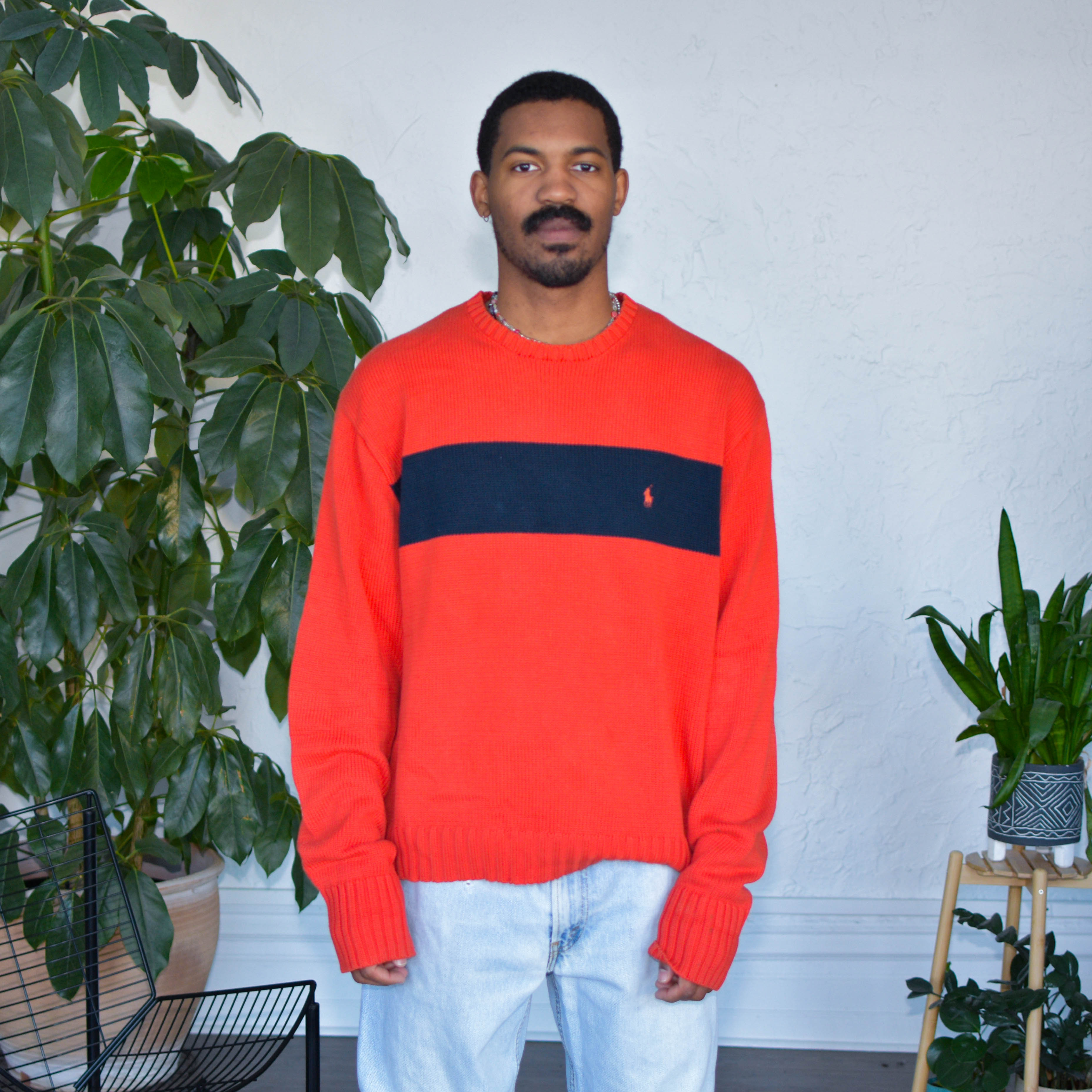 Pull vintage tricoté orange et bleu marine