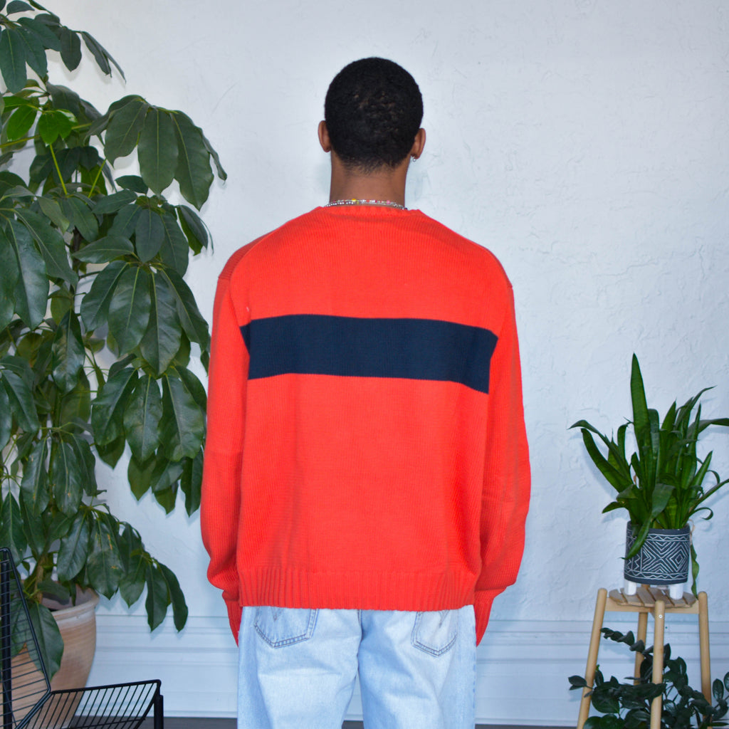 Pull vintage tricoté orange et bleu marine