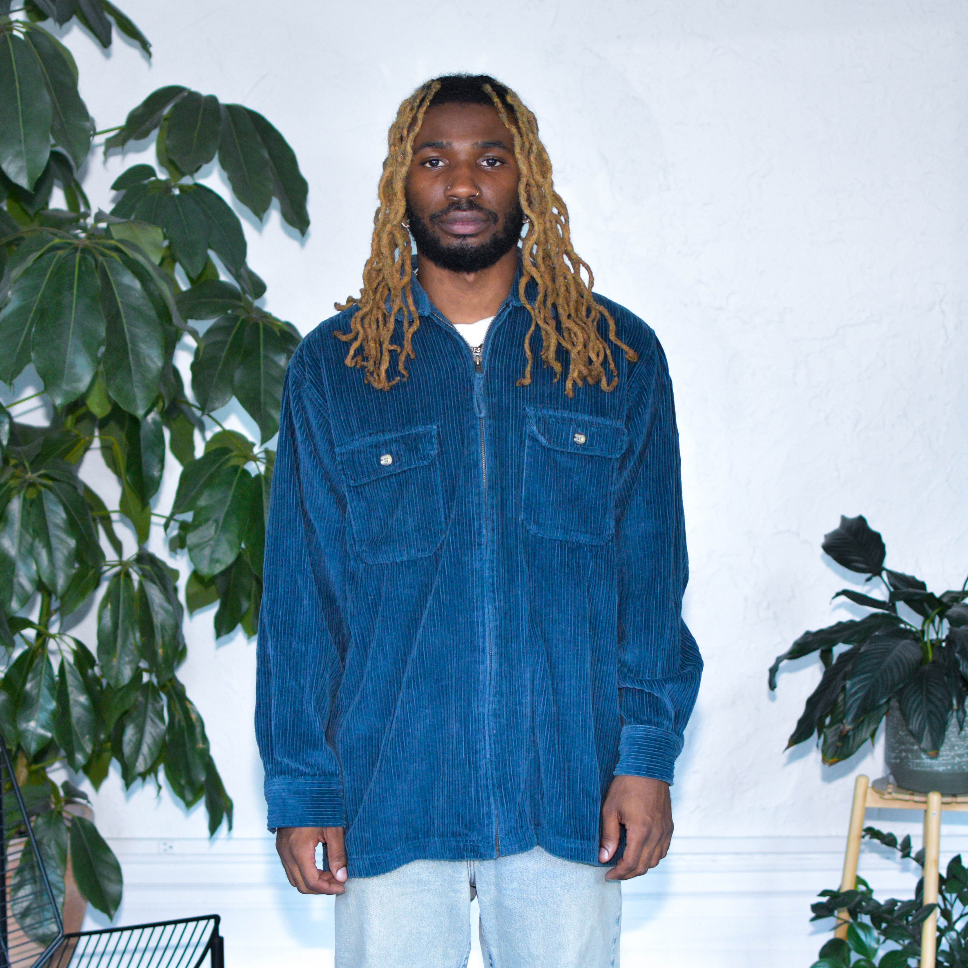 Veste vintage zippée en velours côtelé bleu à manches longues