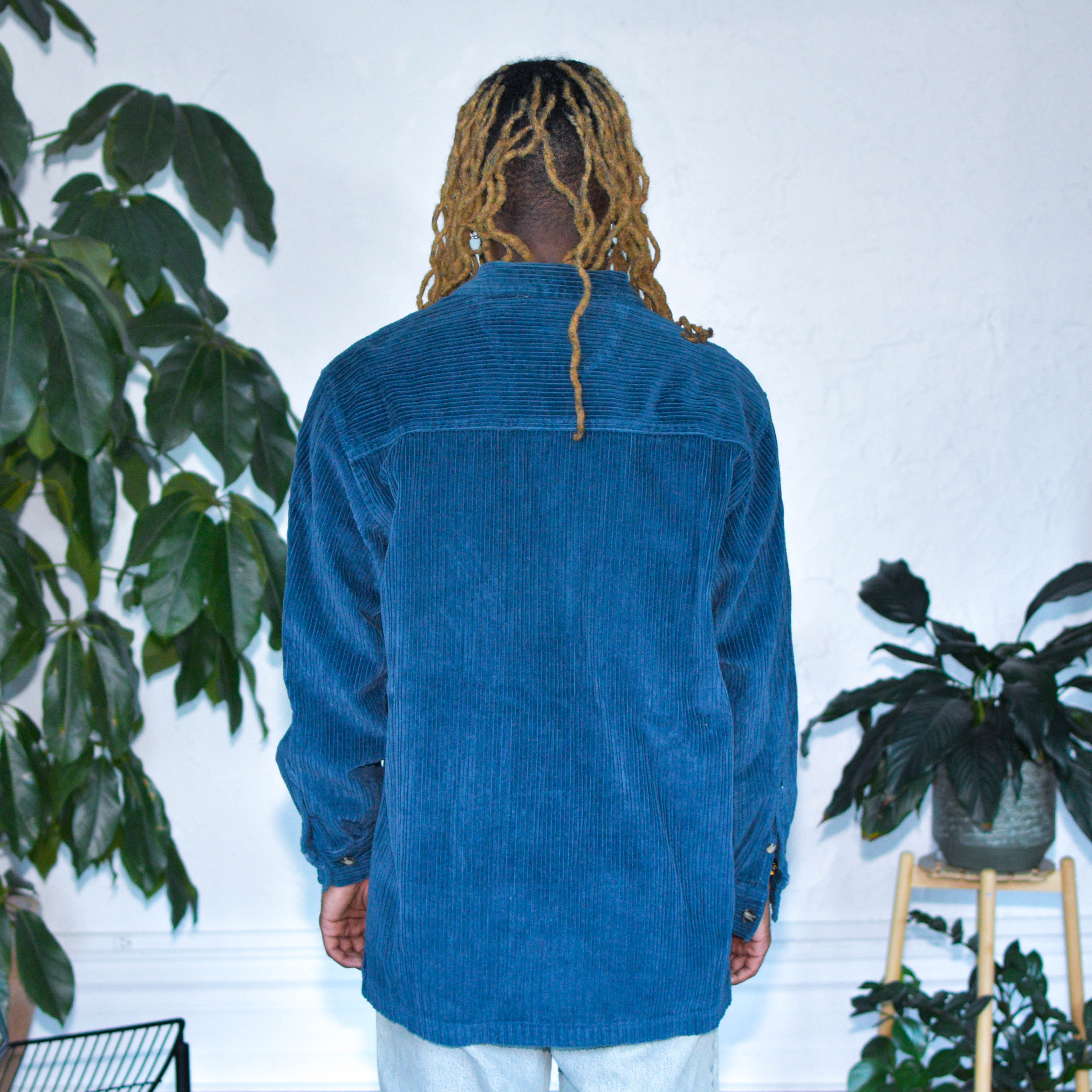 Veste vintage zippée en velours côtelé bleu à manches longues