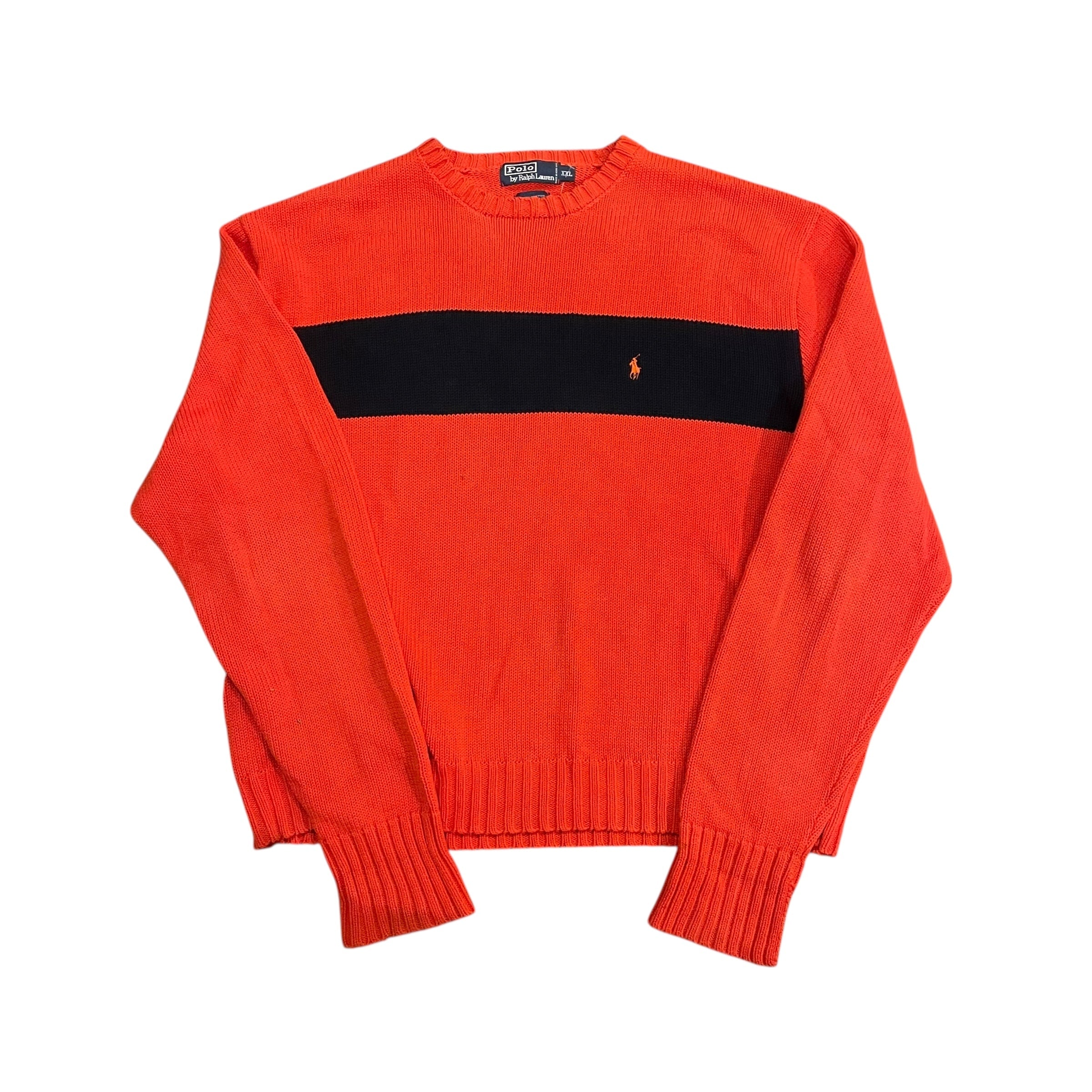 Pull vintage tricoté orange et bleu marine