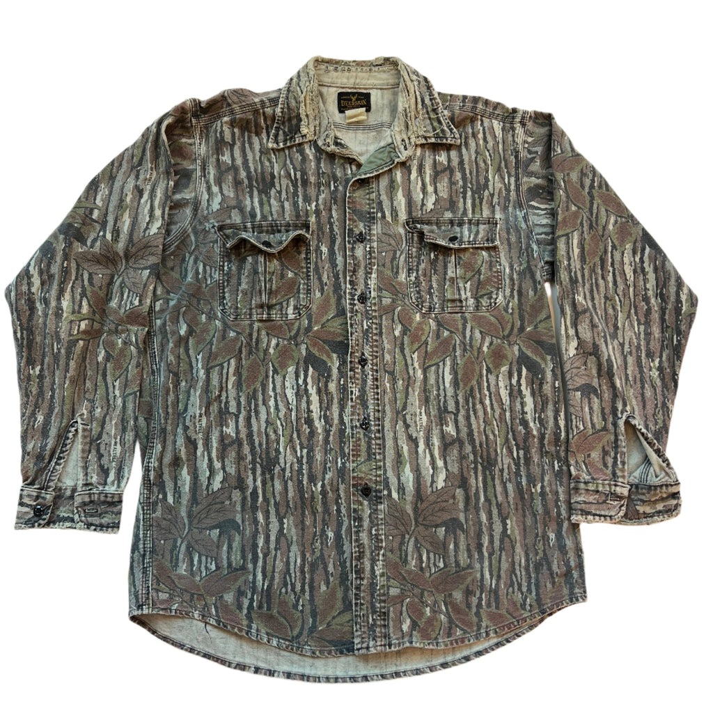 Chemise boutonnée à manches longues camouflage vert vintage