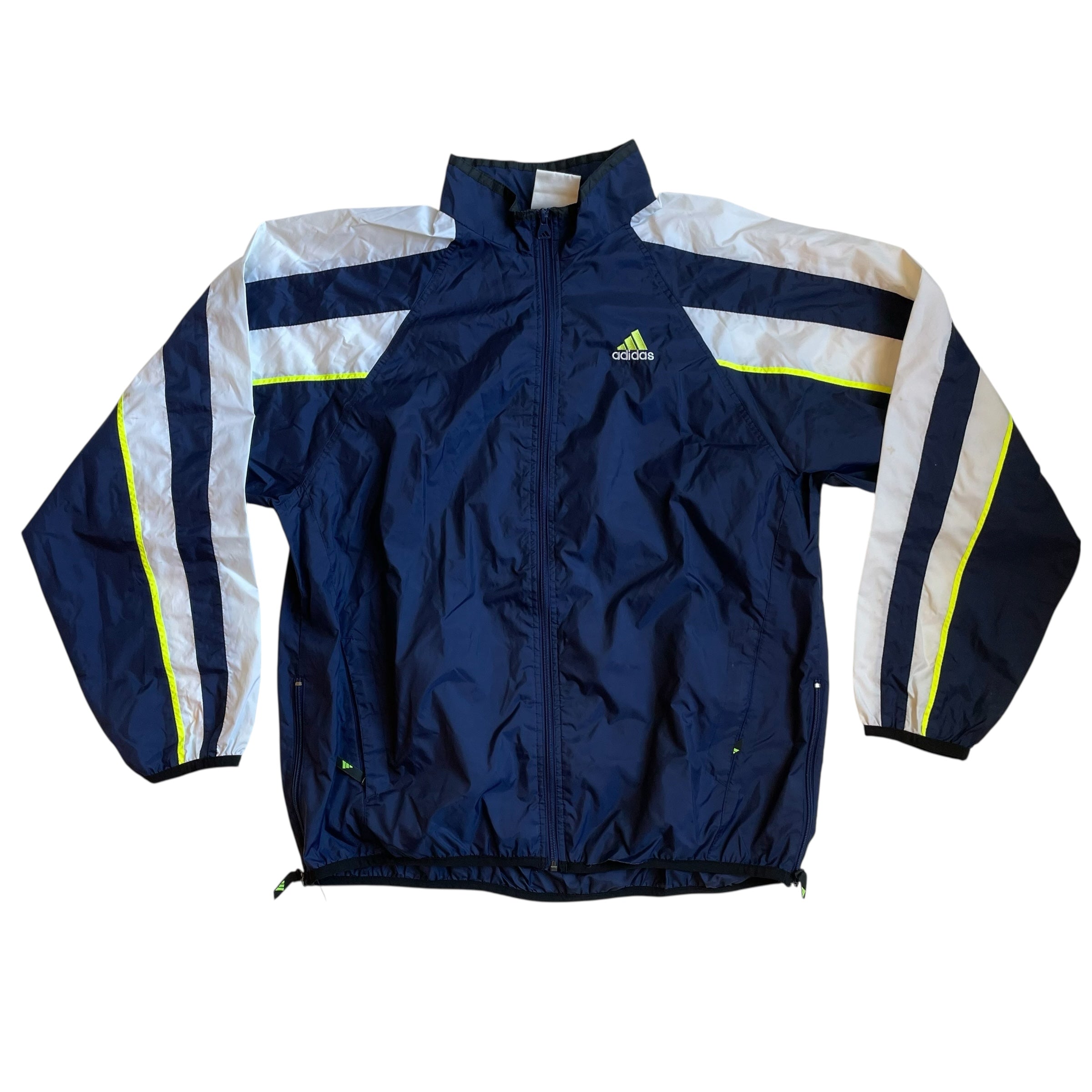 Coupe-vent non doublé vintage années 90 bleu marine, blanc et vert citron